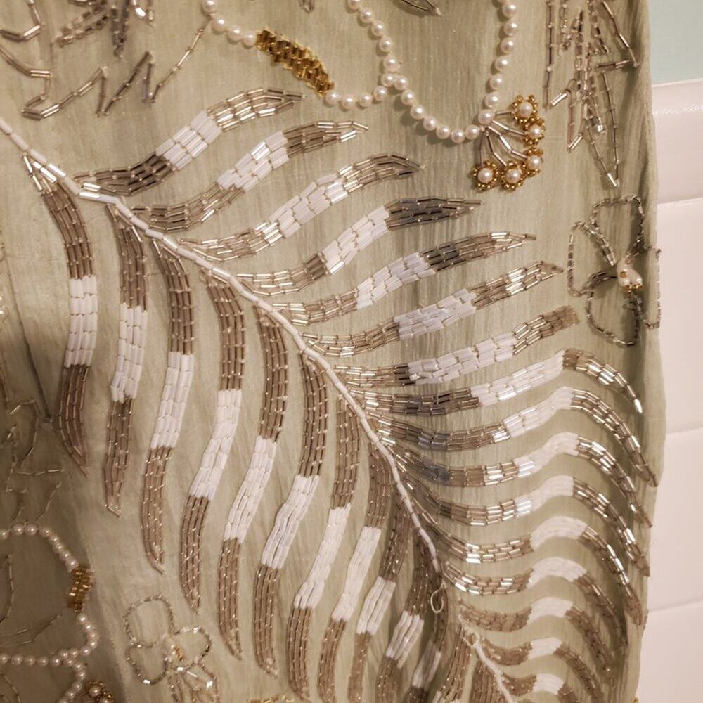 Vintage 1970s Retro Green Silk Floral Palm Leaf Gold Beaded Maxi Dress - Picture 10 of 15